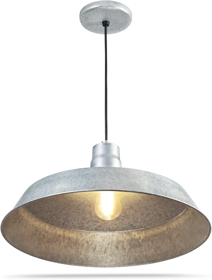 17-inch Industrial Galvanized Pendant Barn Light Fixture with 10ft Adjustable Cord, Ceiling-Mounted Vintage Hanging Light Fixture for Indoor Use, 120V Hardwire, E26 Base LED Compatible, UL Listed