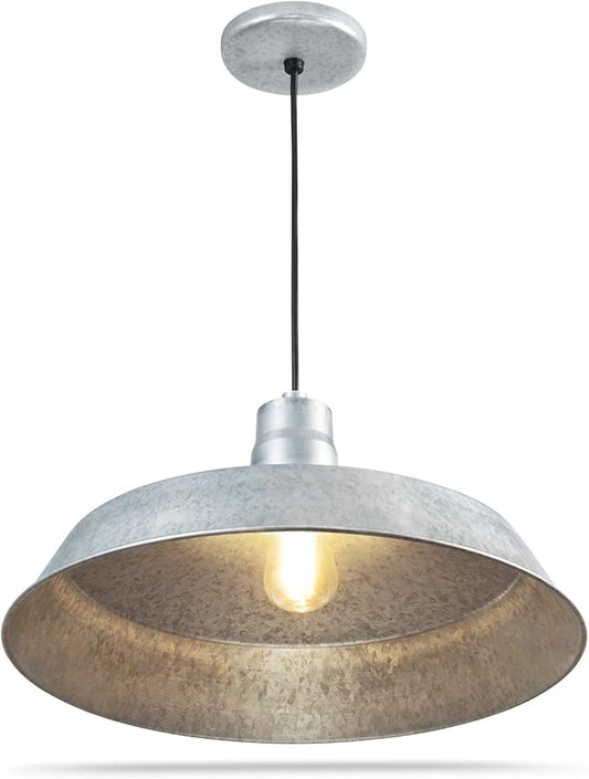 17-inch Industrial Galvanized Pendant Barn Light Fixture with 10ft Adjustable Cord, Ceiling-Mounted Vintage Hanging Light Fixture for Indoor Use, 120V Hardwire, E26 Base LED Compatible, UL Listed