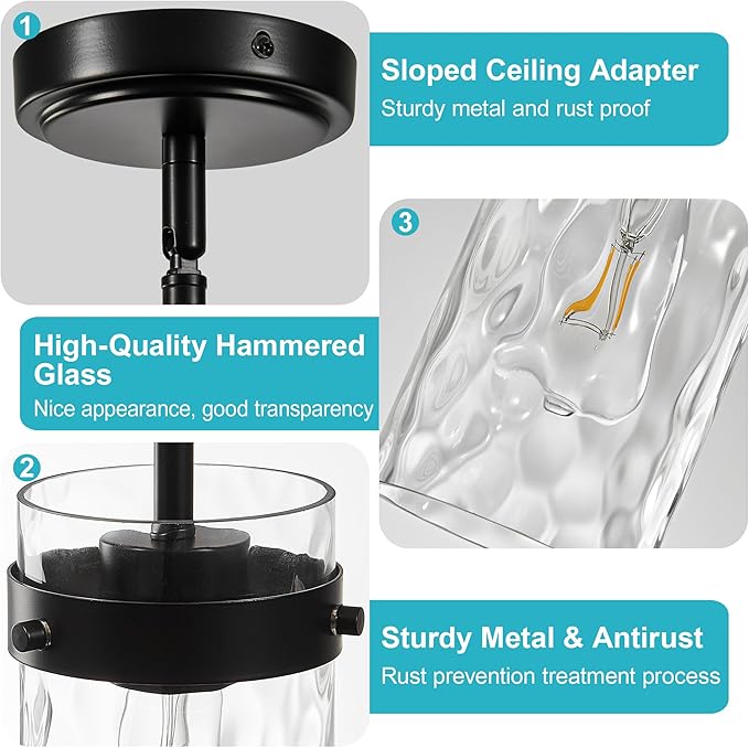 4.72" Hammered Glass Pendant Lighting for Kitchen Island 1 Pack, Modern Black Pendant Light Fixtures, Adjustable Ceiling Pendant Light for Kitchen Island Dining Room Bedroom Hallway