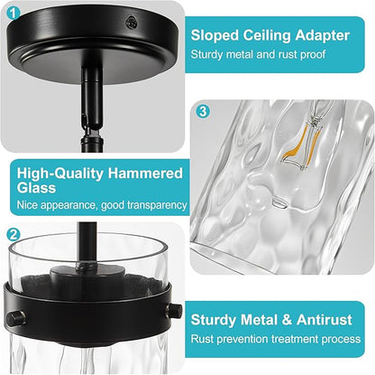 4.72" Hammered Glass Pendant Lighting for Kitchen Island 2 Pack, Modern Black Pendant Light Fixtures, Adjustable Ceiling Pendant Light for Kitchen Island Dining Room Bedroom Hallway
