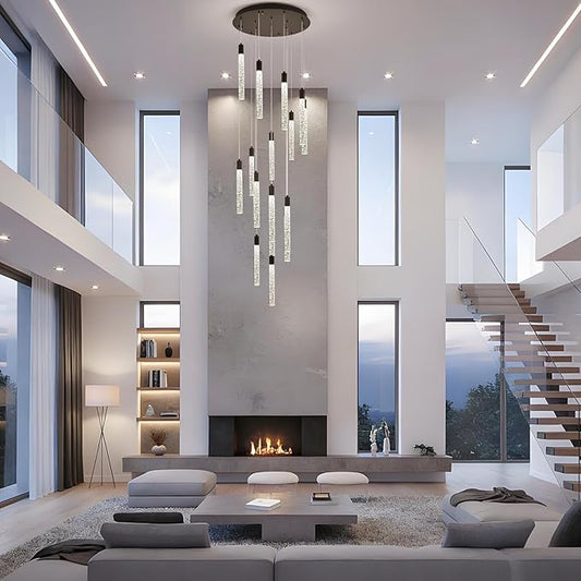 GEADI Modern LED High Ceiling Chandelier with Remote Control,16 Lights Crystal Foyer Chandeliers for High Ceilings,Black Dimmable Long Pendant Light for Staircase Entryway Living Room