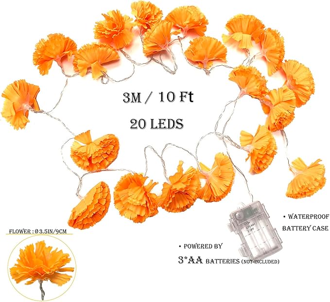 Marigold Garland Lights String for Day of The Dead Decorations 10ft 20 Led Artificial Marigold Flowers Light String Dia De Los Muertos Decoration Diwali Indian Wedding Party Halloween Decor