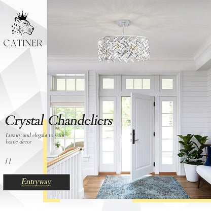 CATINER Chrome Crystal Chandeliers, Modern Semi Flush Mount Ceiling Light, 6-Light Round Crystal Hanging Pendant Light Fixtures, D18” for Dining Room Entryway Kitchen Hallway K9 Crystal