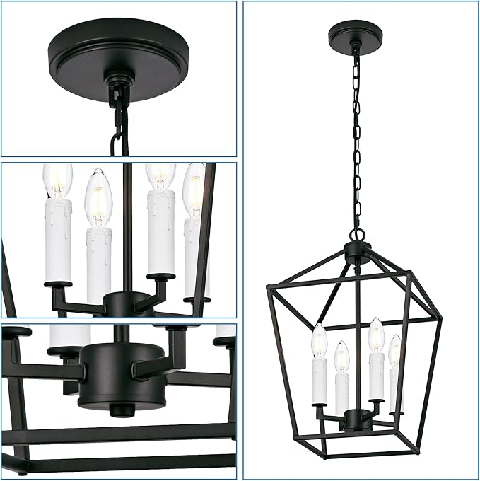 MELUCEE 12-inch Black Cage Chandelier 4-Light Farmhouse Lantern Pendant Light Openwork Cage Hanging Light Fixtures Ceiling with White Candle-Shaped Lamp Holder for Kitchen Island, Dining Room, Foyer