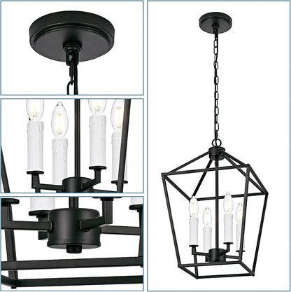 MELUCEE 12-inch Black Cage Chandelier 4-Light Farmhouse Lantern Pendant Light Openwork Cage Hanging Light Fixtures Ceiling with White Candle-Shaped Lamp Holder for Kitchen Island, Dining Room, Foyer