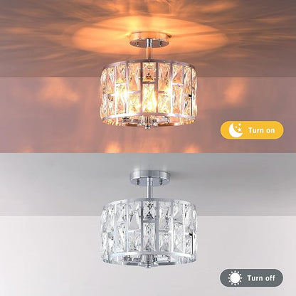 MEXO Farmhouse Crystal Round Semi Flush Mount Modern Close to Ceiling Light Fixture, Cylinder Drum Shade Ceiling Lights 3LT Ceiling Lamp for Kitchen Island Dinning Room Bedroom