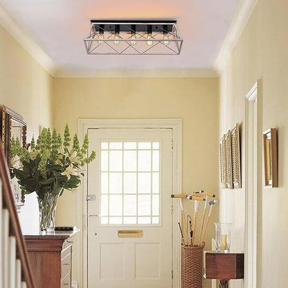 31.5" Large Flush Mount Ceiling Light Fixture, X-Shaped Metal Cage Design, Dimmable 5-Light Close to Ceiling, Farmhouse & Vintage Industrial Style, for Dining Room, Kitchen Island, Living Room
