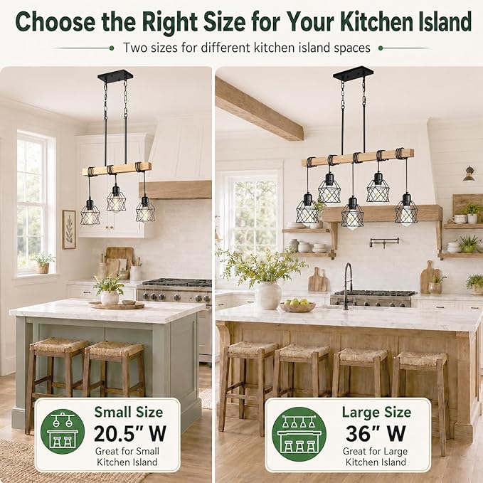 3 Light Farmhouse Kitchen Island Lighting,Dining Room Light Fixture,Adjustable Height Pendant,Real Wood and Black Metal Cage Chandelier for Kitchen,Dining Room