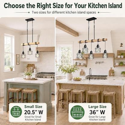 3 Light Farmhouse Kitchen Island Lighting,Dining Room Light Fixture,Adjustable Height Pendant,Real Wood and Black Metal Cage Chandelier for Kitchen,Dining Room