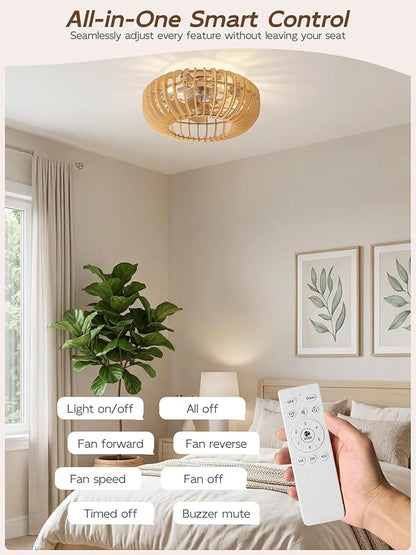 20" Wood Ceiling Fans with Lights Flush Mount, Caged Boho Ceiling Fan with Light Remote Control, Wooden Low Profile for Bedroom, Living Room, Nursery