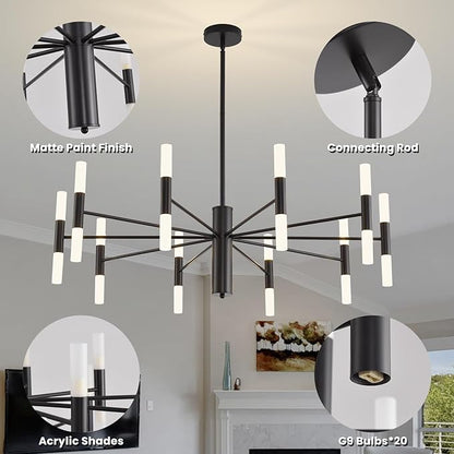 Black Modern Chandelier 20-Light, Large Farmhouse Round Candle Chandeliers with Acrylic Shades, 38.6" Dining Room Light Fixture for High Ceilings, Living Room, Foyer, Entryway, G9 Base
