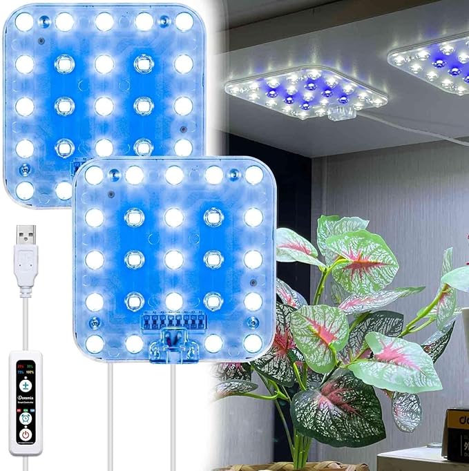 Full Spectrum LED Grow Light for Indoor Plants, 2 Panels 10W with 6/12/16h Timer Dimmable Plant Lights for Flower Veg Plant Growth USB, Bluish White, 1-Pack