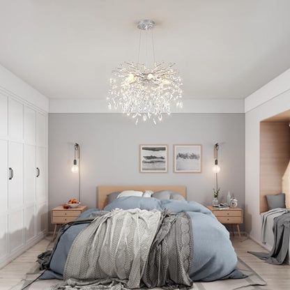 EGM 18-Inch Silver Crystal Chandeliers for Dining Room, Modern Crystal Chandelier for Bedroom, 6-Light Silver Tree Branch Chandelier for Living Room, Raindrop Leaf Chandeliers for Home Décor, E12