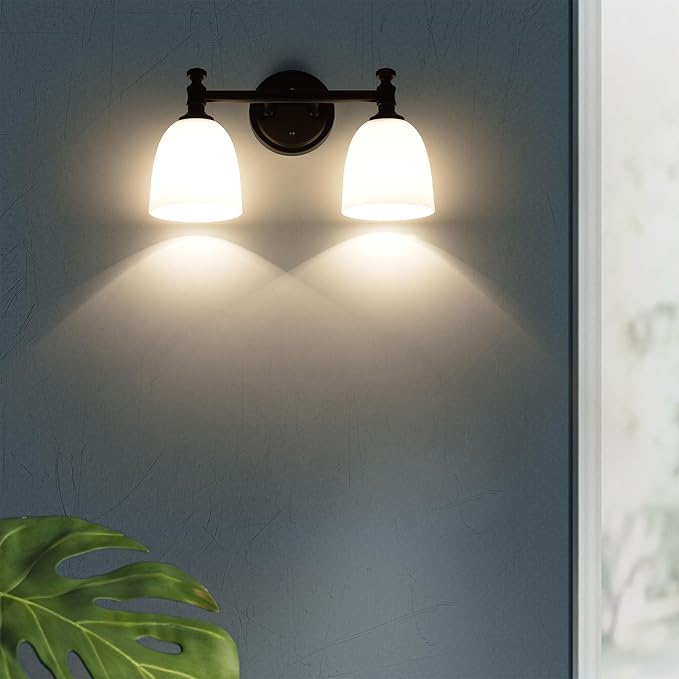 Black Bathroom Vanity Light, 2-Light Bathroom Light Fixtures Over Mirror, Traditional Vanity Lights for Living Room, Milk White Bell Glass Shades, Standard E26 Base, Matte Black