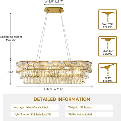 Large Oval K9 Crystal Chandelier - Luxury Modern 3 Tier Linear Crystals Chandeliers - 15 Lights Brushed Gold Pendant Light Fixture for Dining Room Kitchen Island Entryway Bar Living Room - L34.3 Inch