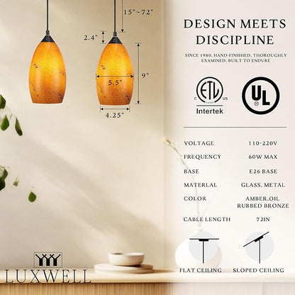 Pendant Lighting, Modern Handblown Amber Color Glass, Oval Art Shade Hanging Light, Oil Rubbed Bronze Finish for Kitchen, Dining Room, Foyer Decor 4.25" L x 5.5" W x 9" H Shade (1 Pack)