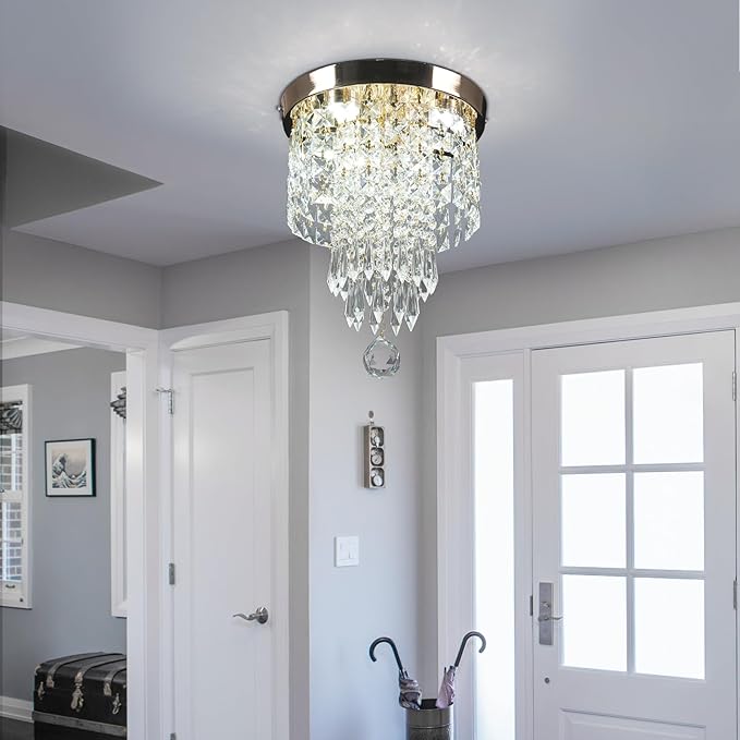Flush Mount Crystal Chandelier 9.8" – Modern Gold Ceiling Light with LED 3-Color K9 Raindrop Crystals for Bedroom, Dining Room, Entryway, Hallway