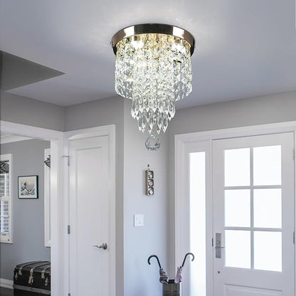 Flush Mount Crystal Chandelier 9.8" – Modern Gold Ceiling Light with LED 3-Color K9 Raindrop Crystals for Bedroom, Dining Room, Entryway, Hallway