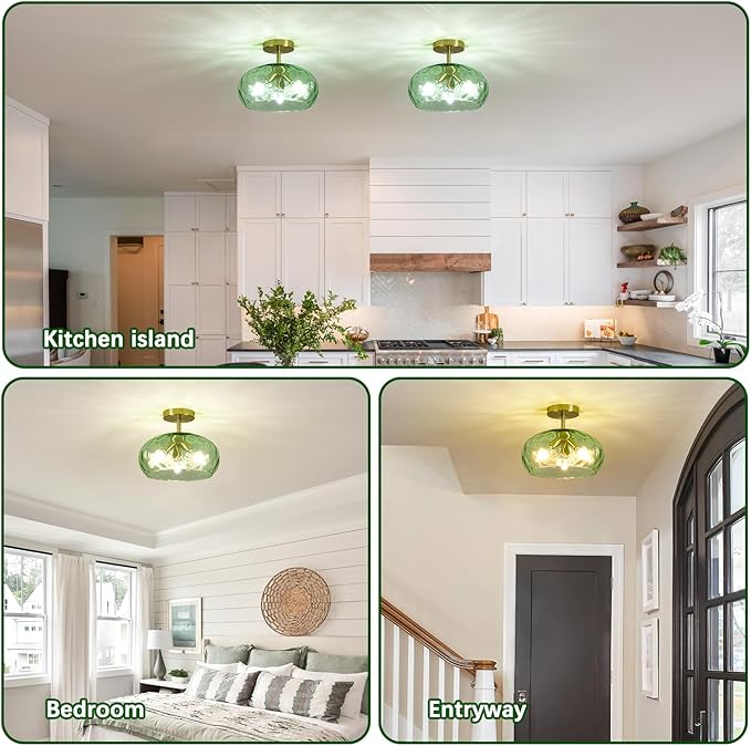 Luafac Green Glass Flush Mount Ceiling Light - 12 Inch Hammered Glass Hallway Light fixtures Ceiling, Vintage Gold Semi Flush Mount Ceiling Light,Mid Century Light Fixture for Bedroom Entryway Kitchen