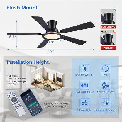 Ayaoty Ceiling Fans with Lights - 52in Flush Mount Ceiling Fan with RGB Dimmable, 3CCT 6 Wind Speeds and Reversible Quiet Motor, Low Profile RGB Fan Light for Modern Indoor, Party - Black RGB