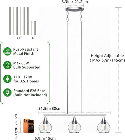 Kitchen Island Linear Pendant Light, 3-Light Modern Chandelier with Clear Glass Globe Shades, Linear Lighting Fixture Over Dining Table, Brushed Nickel