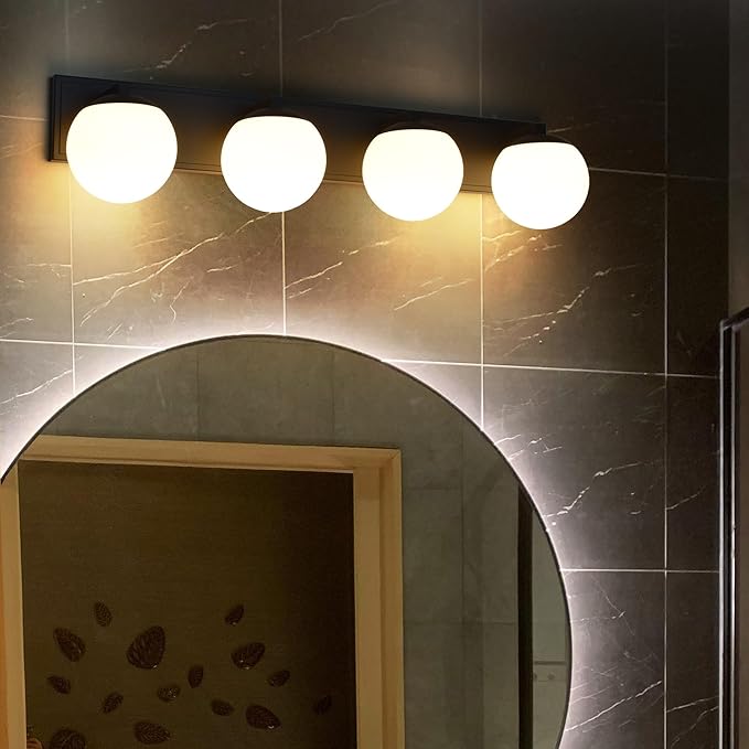 Black Bathroom Vanity Light Fixtures, 4-Light Globe Bathroom Lighting Fixtures Over Mirror, Modern Wall Lights for Living Room, Long Backplate, Standard E26 Base, Textured Black