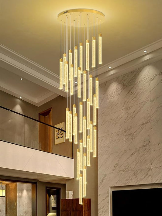 177'' Long Crystal Column Chandelier Gold 30-Lights Extra Large High Ceiling Chandelier Dimmable Pendant Lighting Staircase Foyer Entryway Light Source is Replaceable