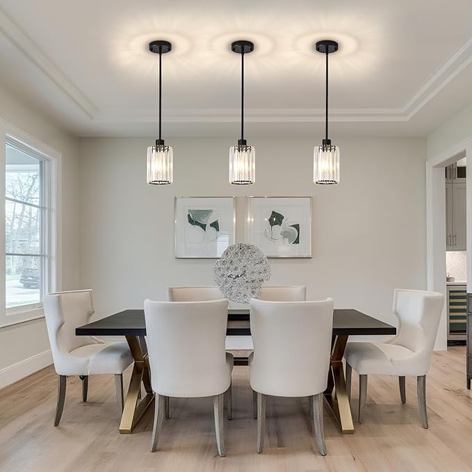 Crystal Pendant Lights Kitchen Island, 3 Pack Black Kitchen Pendant Lighting Over Island, 1-Light Mini Modern Hanging Lights for Kitchen Island, Dining Room, Hallway, Foyer, Entryways