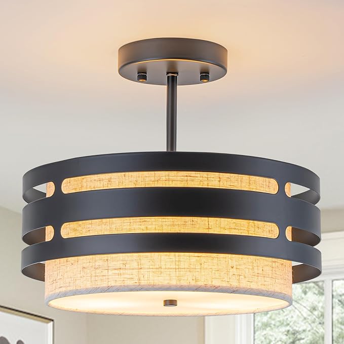 12.6” Drum Light Fixture Black Semi Flush Mount Ceiling Lights 3-Light Linen Boho Light Fixture Close to Ceiling Lighting for Bedroom Hallway Kitchen Entryway Foyer Dining Room Laundry Room