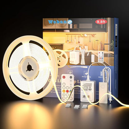 WOBANE COB LED Strip Light Kit,9.8ft Dimmable LED Light Strip with RF Remote for Kitchen Cabinet,Counter,Shelf,Hidden 3000K Warm White,CRI90+,Surper Bright,1500lm,Timing,960 LEDs,ETL Adapter