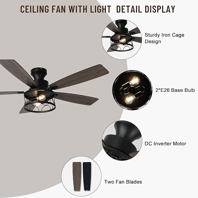 52'' Flush Mount Ceiling Fan with Light, Farmhouse Low Profile Ceiling Fan with Remote, 6-Speed Quiet Reversible DC Motor, 3 Clear Glass Lights, Timer Function, for Bedroom Living Room Kitchen