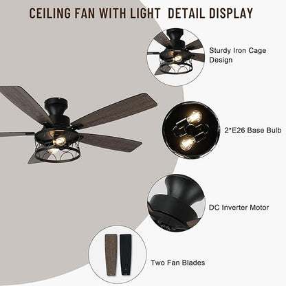 52'' Flush Mount Ceiling Fan with Light, Farmhouse Low Profile Ceiling Fan with Remote, 6-Speed Quiet Reversible DC Motor, 3 Clear Glass Lights, Timer Function, for Bedroom Living Room Kitchen