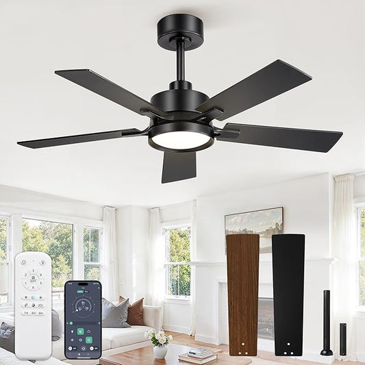42 Inch Ceiling Fan with Lights and Remote, Smart APP Control, Dimmable with All-Setting Memory, Quiet DC Motor Reversible Blades, Damp Rated Modern Ceiling Fan for Bedroom Patio Living Room