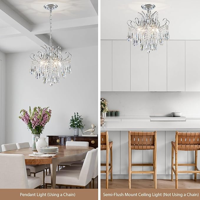 Modern Crystal Chandelier Ceiling Light Fixture, 4-Light Pendant Ceiling Hanging Lamp for Dining Living Room Bedroom Kitchen, 16" Chrome Chandelier