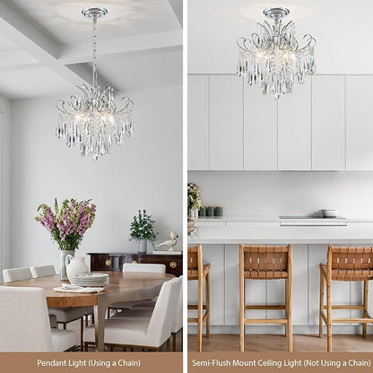 Modern Crystal Chandelier Ceiling Light Fixture, 4-Light Pendant Ceiling Hanging Lamp for Dining Living Room Bedroom Kitchen, 16" Chrome Chandelier