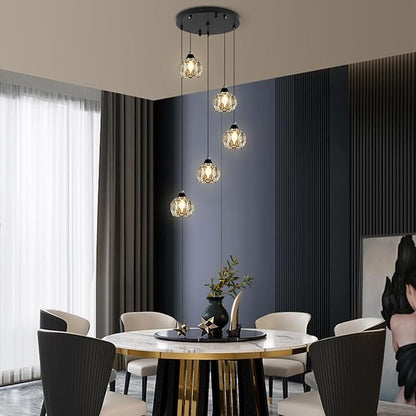 Weesalife Crystal Chandeliers for Dining Room Lights Fixture Over Table, 5-Light Black Modern Pendant Light Fixture，Crystal Chandeliers for Living Room Kitchen Island Staircases Foyer Hallway Bar