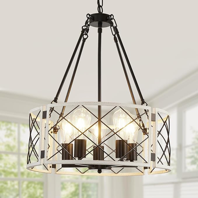 21'' Farmhouse Chandelier, 5-Light Black & Vintage White Dining Room Light Fixture Over Table, Rustic Industrial Drum Hanging Pendant Lights for Kitchen Island Living Room Bedroom Hallway Entryway