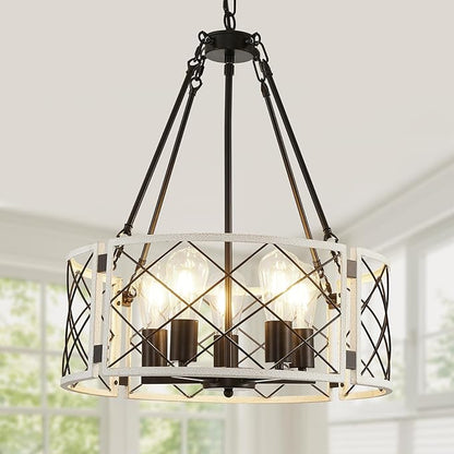 21'' Farmhouse Chandelier, 5-Light Black & Vintage White Dining Room Light Fixture Over Table, Rustic Industrial Drum Hanging Pendant Lights for Kitchen Island Living Room Bedroom Hallway Entryway