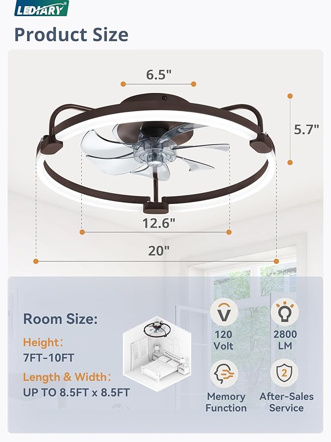 LEDIARY Ceiling Fans with Lights and Remote, 20'' Low Profile Ceiling Fan with Light, 3000-6000K Dimmable Fandelier LED Fan Light, 6 Wind Speeds, Brown Modern Flush Mount Ceiling Fan for Bedroom