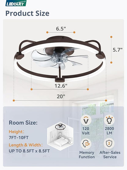 LEDIARY Ceiling Fans with Lights and Remote, 20'' Low Profile Ceiling Fan with Light, 3000-6000K Dimmable Fandelier LED Fan Light, 6 Wind Speeds, Brown Modern Flush Mount Ceiling Fan for Bedroom