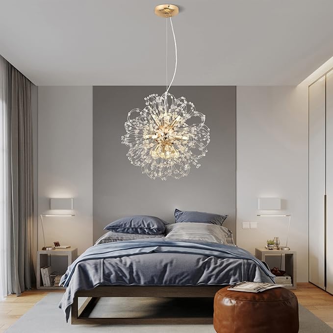 Modern Firework Chandelier, 12-Light Crystal Dandelion Chandeliers for Living Room, Gold Sputnik Chandelier Steel Pendant Lights for Bedroom, Dining Room, Kitchen, Restaurant