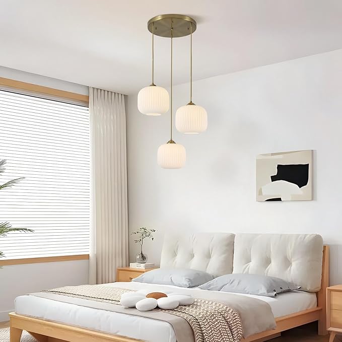 BOKT White Pendant Lights Kitchen Island 3 Light Globe Cluster Pendant Light Large Ribbed Glass Cluster Chandelier Gold Vintage Adjustable Hanging Light Fixture for Sink Dining Room