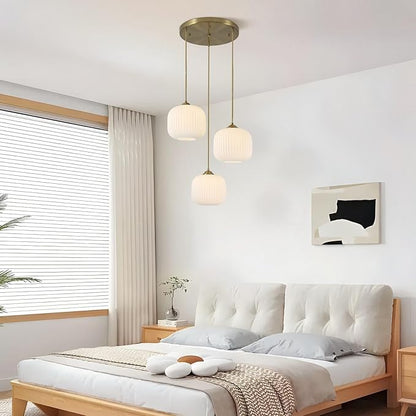 BOKT White Pendant Lights Kitchen Island 3 Light Globe Cluster Pendant Light Large Ribbed Glass Cluster Chandelier Gold Vintage Adjustable Hanging Light Fixture for Sink Dining Room