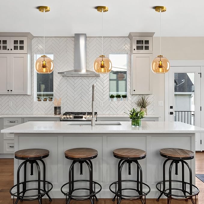 Amber Glass Pendant Lights Kitchen Island Gold Hanging Light Fixture Glass Globe Pendant Light Modern Pendant Lighting for Dining Room Bedroom Kitchen Island (7.87", 2 Pack)