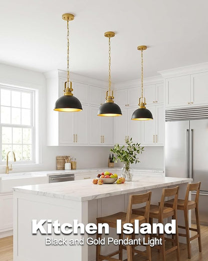 Black and Gold Pendant Lights Kitchen Island, 11.8 Modern Dome Pendant Lighting with Adjustable Chain Gold Metal Hanging Light Fixture for Kitchen Dining Room Restaurant Entrance Foyer Sink
