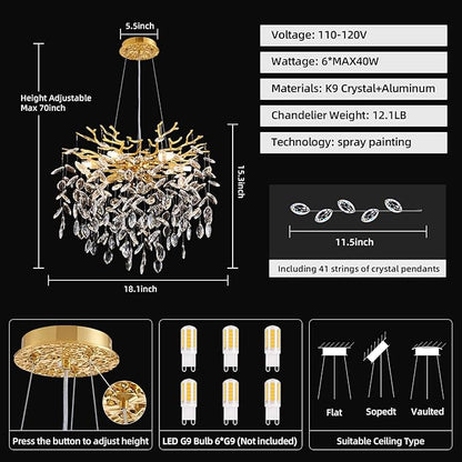 Modern Tree Branch Crystal Chandelier 18" Gold Luxury Large Pendant Lighting 6-Light Contemporary K9 Crystal Chandeliers for Dining Room Kitchen Living Room Foyer Entryway (Gold, D18-Round)
