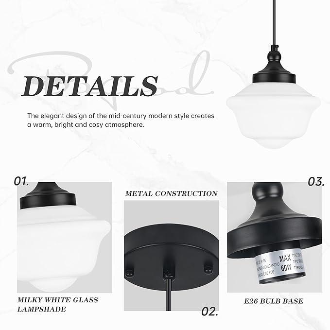 Bagood 2 Pack 8" Black Milk Glass Pendant Light Schoolhouse Light Fixture Schoolhouse Pendant Light Milk Glass Light Fixture Mid Century Modern Light Fixture for Kitchen Island Bathroom (Bulb Incl.)