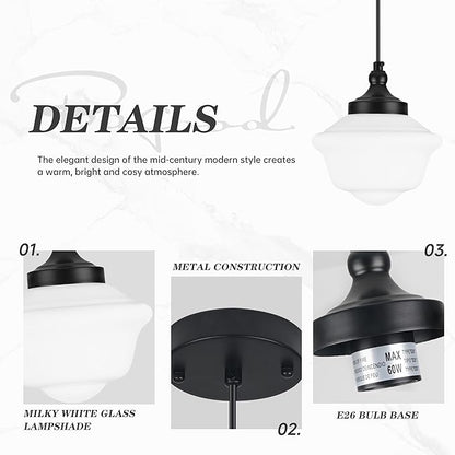 Bagood 2 Pack 8" Black Milk Glass Pendant Light Schoolhouse Light Fixture Schoolhouse Pendant Light Milk Glass Light Fixture Mid Century Modern Light Fixture for Kitchen Island Bathroom (Bulb Incl.)