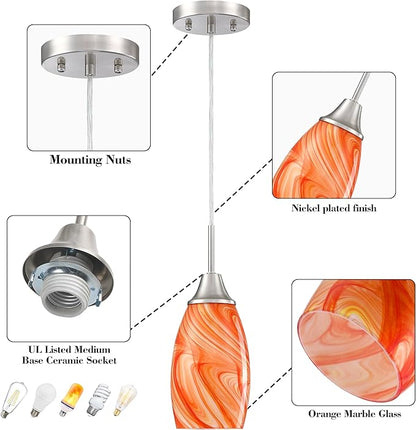Viinew Mini Glass Pendant Light 4.72" with Handblown Orange Marble Art Glass Hanging Light 3-Pack Oval Ceiling Hanging Light Fixture for Dining Room Kitchen Island Cafe Foyer Hallway