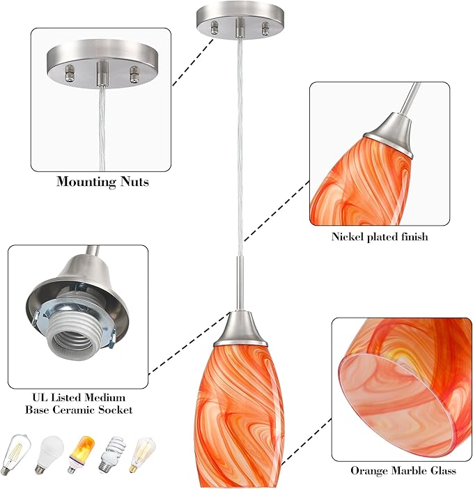 Viinew Mini Glass Pendant Light 4.72" with Handblown Orange Marble Art Glass Hanging Light 1-Pack Oval Ceiling Hanging Light Fixture for Dining Room Kitchen Island Cafe Foyer Hallway